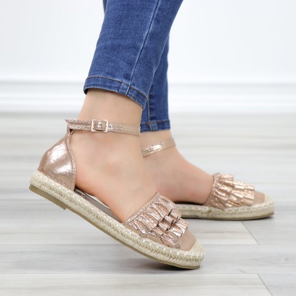 Sparkly Champagne Espadrille Ruffle Sandals - Picture 6 of 11